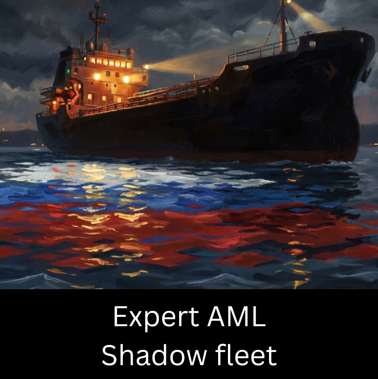 Expert AML Shadow Fleet training graphic showing an oil tanker at sea.